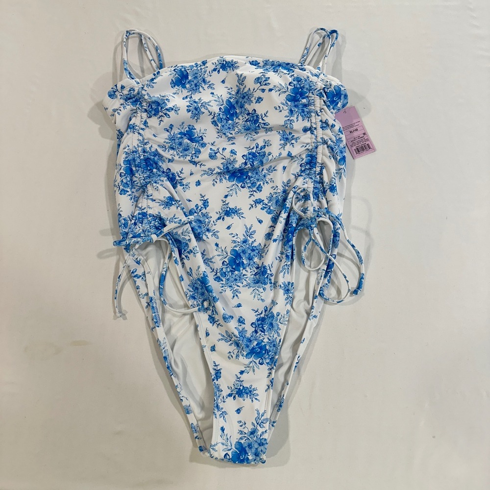 Wild Fable Swimsuit One Piece XL Women Blue Floral Cheeky Ruched High Leg